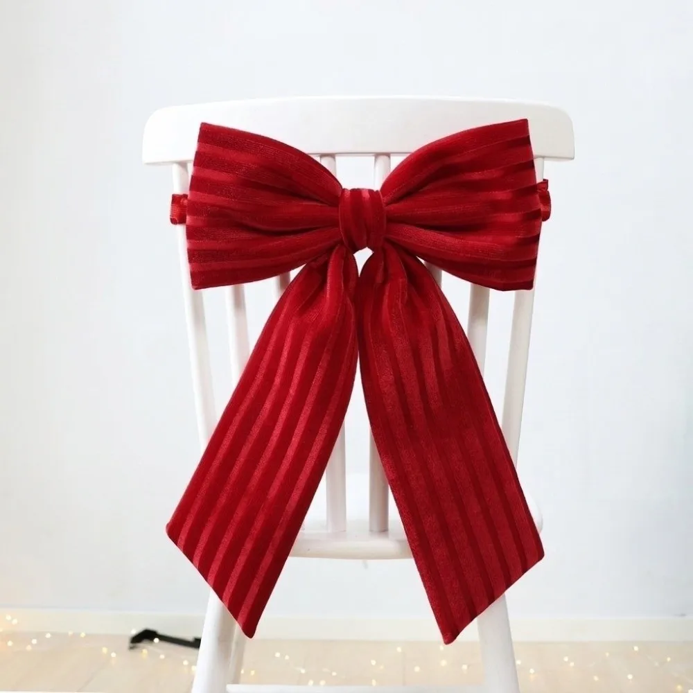 Red Ornaments Velvet Bow Chair Cover Elastic Ribbon Reusable Christmas Chair Bows Elegant Design DIY Chair Tie Back Wedding