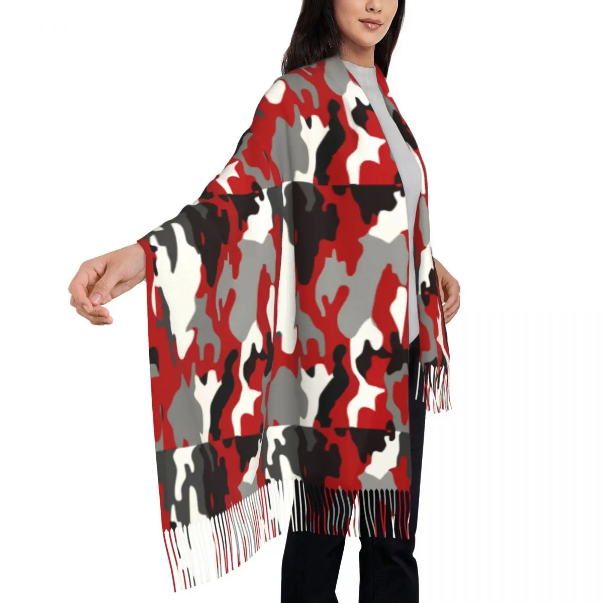 レッド迷彩スカーフラップ女性ロング冬秋暖かいタッセルショールユニセックス陸軍軍事迷彩スカーフ