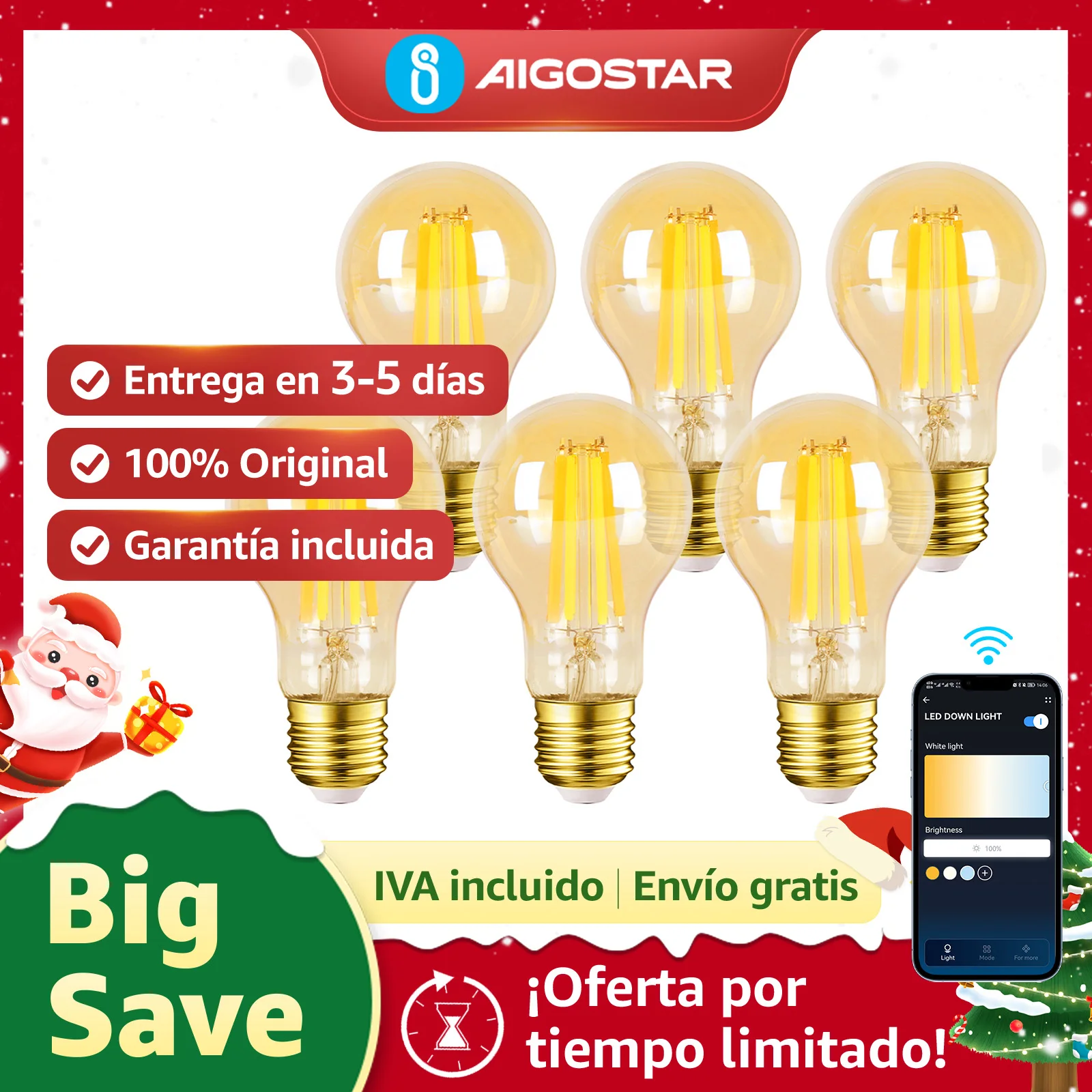 Aigostar 6 Pack Bombillas Vintage E27 Inteligentes Wi-Fi, regulable 2700K-6500K, compatibles con Alexa y Google Home