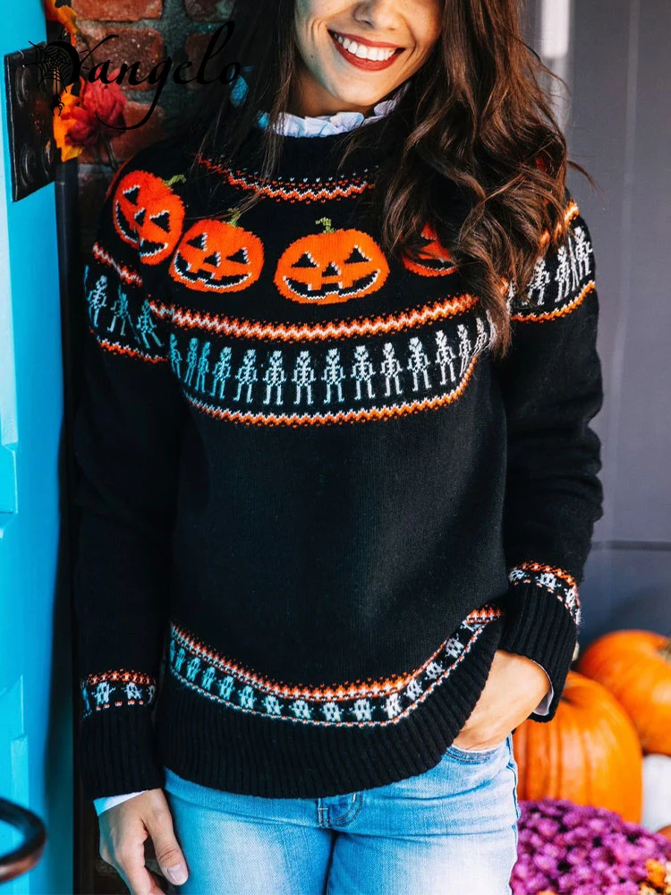 Yangelo Gothic Pumpkin Printed Sweater Women's Knitted Pullover Warm Fall Winter Round Neck Pullover Top for Halloween