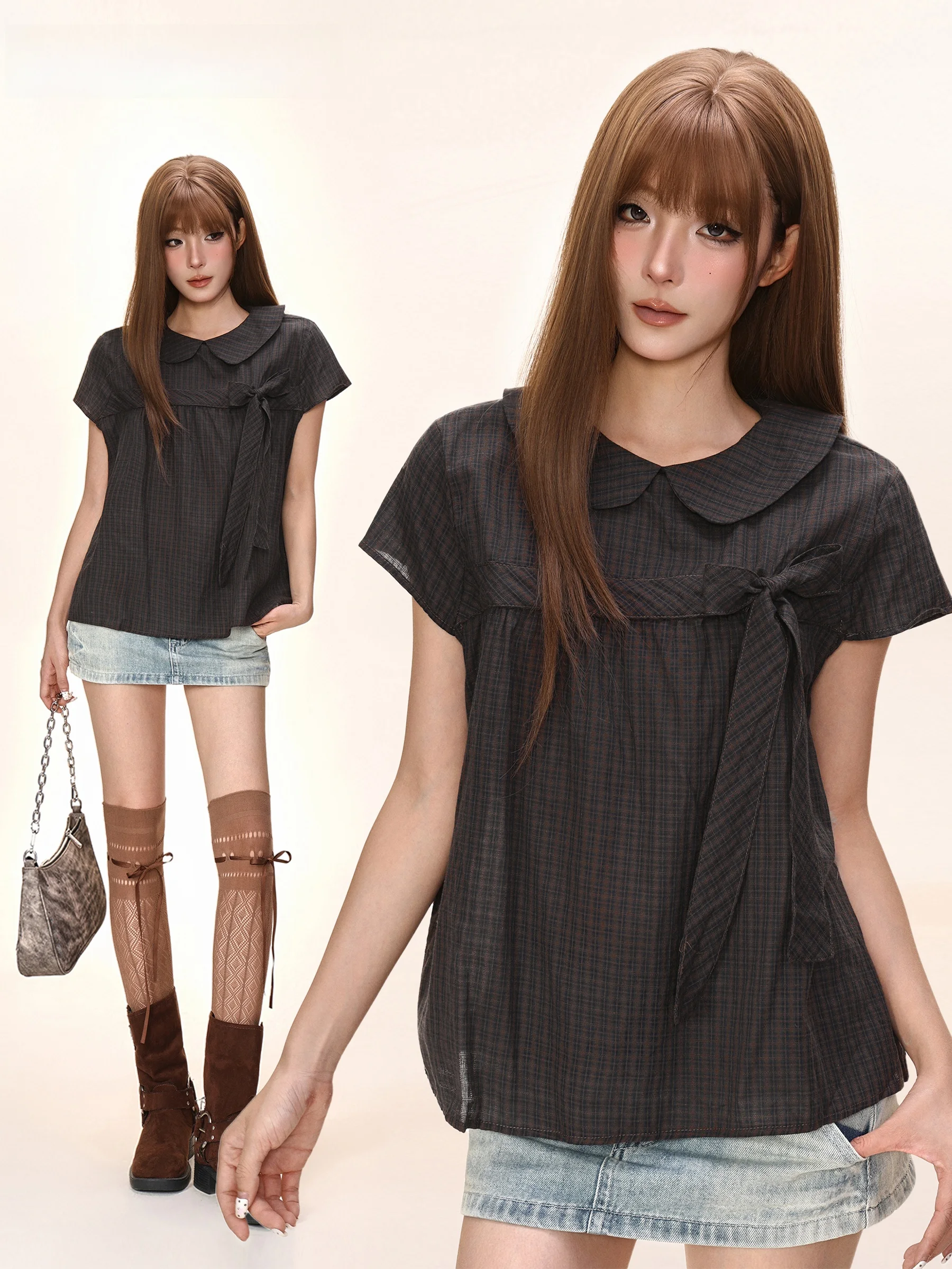 

Sweet And Spicy November Girl Plaid Shirt Women Summer Loose Casual Slimming Short Sleeve T-Shirt Doll Collar Bow Knot