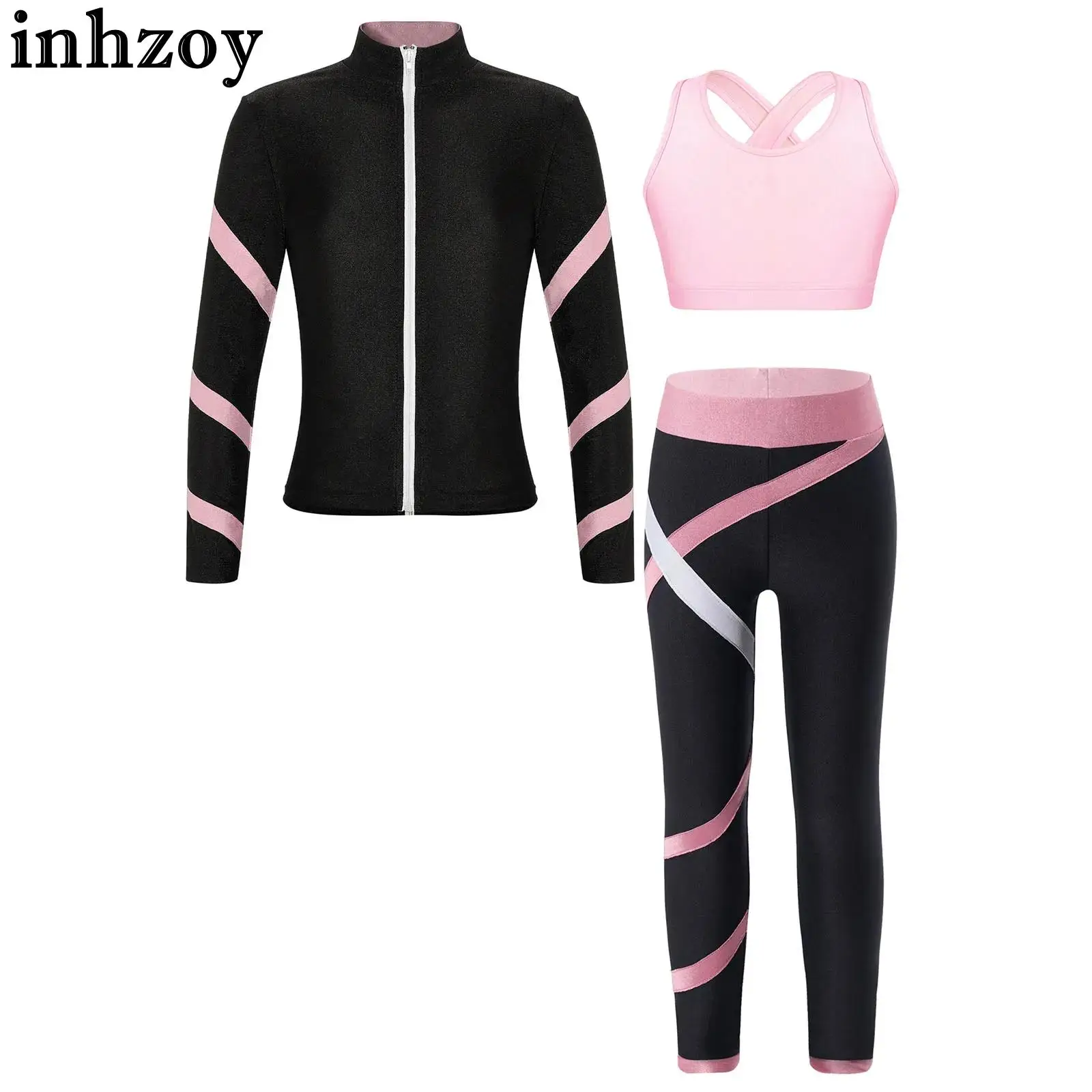 Kids Girls Tracksuit Sportswear Set Long Sleeve Coat Tops with Bra Vest Pants for Dance Gymnastics Skating Yoga Workout Running