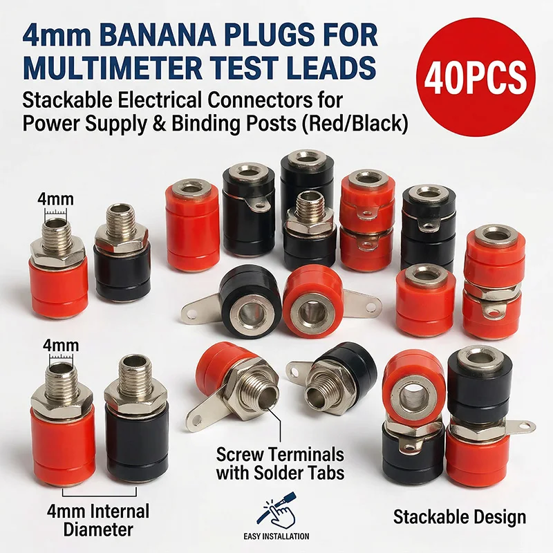 

40 шт. 4-мм банановых разъемов для тестовых проводов мультиметра, штабелируемые электрические соединители для источников питания и клеммных колодок, красные и черные