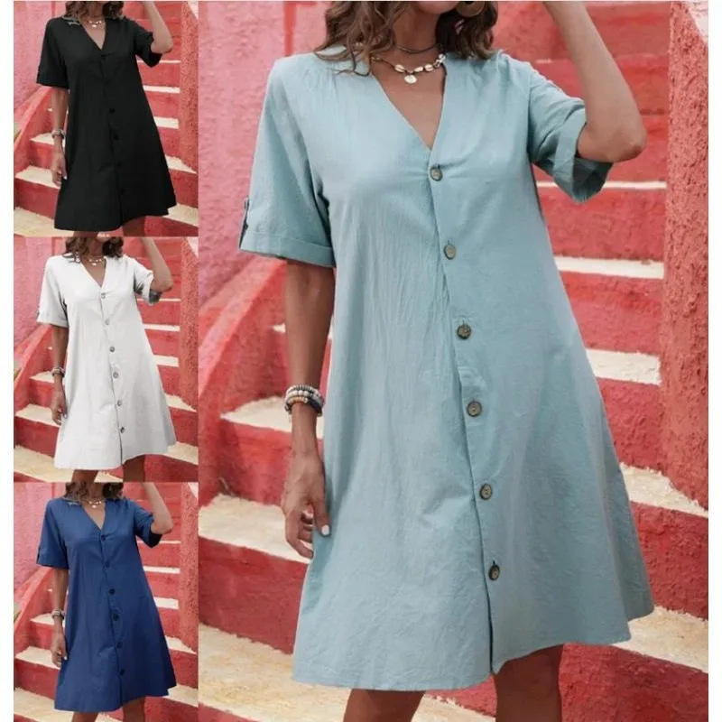 Women's Cotton Short Sleeve V-Neck Loose A-Line Dress Water Washed High Waist Button Front Casual Style Mid-Length Dress