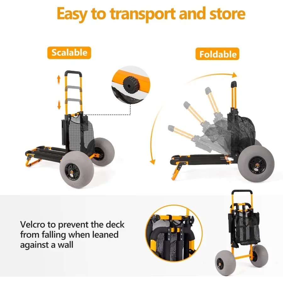 عربة صيد الشاطئ عربة الشاطئ مع 12 عجلات بالون كبيرة قابلة للطي بإطار ألومنيوم برتقالي مقبض 23 × 15 سمكة سطح البضائع