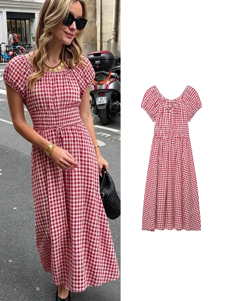 TFMLN Vintage Plaid Midi Dress For Women Casual Streetwear Fashion Slim Summer Puff Short Sleeve Sweet Lady A Line Long Dress