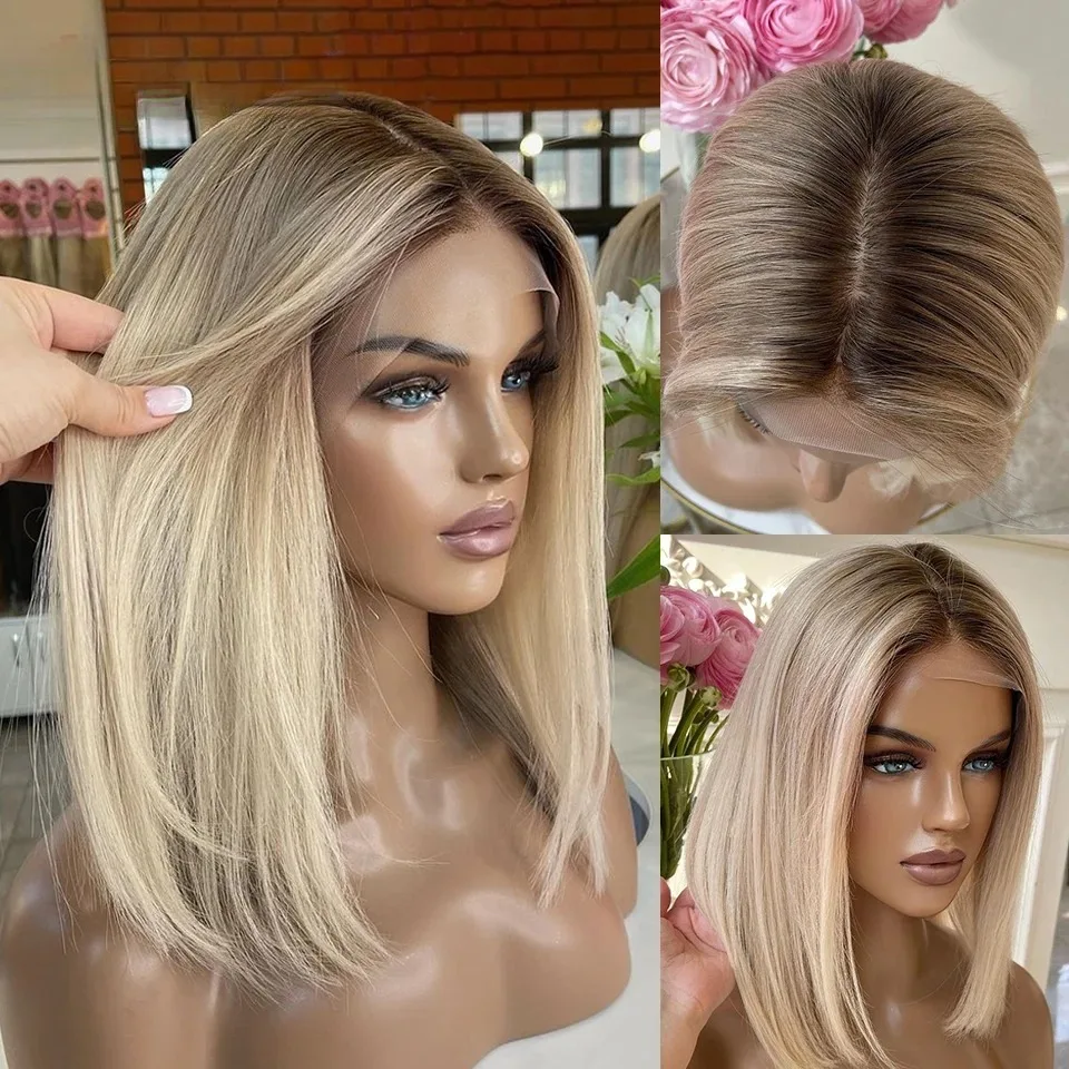 Ashy Blonde Ombre Wigs Short Bob Straight Lace Front Wig With Brown Roots Synthetic Glueless Tiny Knots Pre Plucked For Women