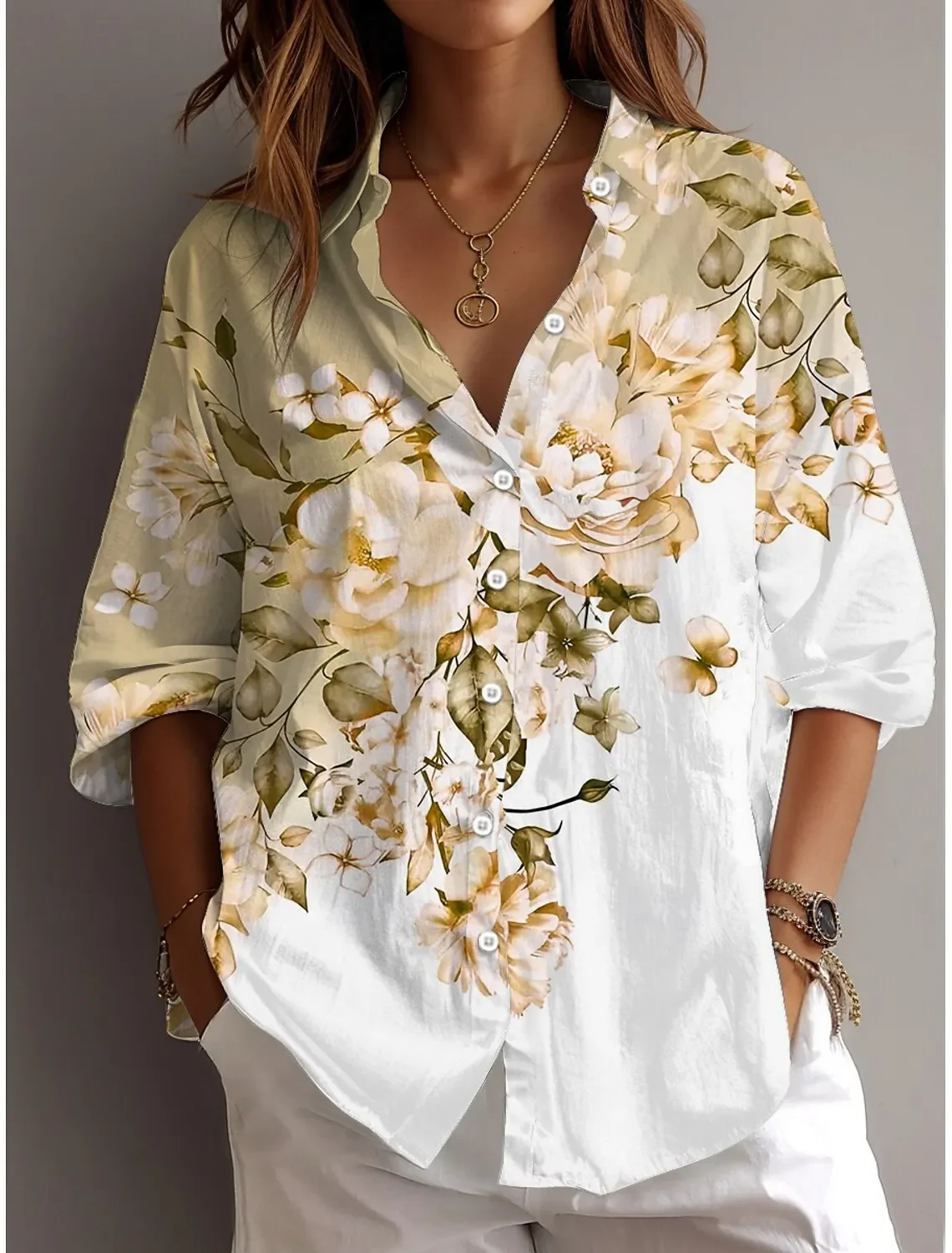 2023 Lente Herfst Dames Shirt Bloemen Grafische Blouse Revers Hals Blouse Vrouwen Lange Mouwen Dames Tops Vrouwelijke Kleding