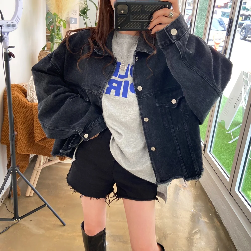 시크 여성 데님 재킷 출퇴근용 루즈핏 겨울 신상품 심플 패션 아우터웨어 프레이드 헴