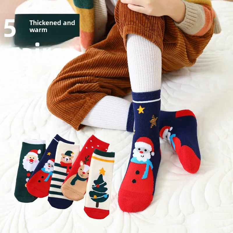 عيد الميلاد السنة الجديدة 5 أزواج سميكة تيري الجوارب الحرارية للأطفال بنين بنات الشتاء احتفالي الكرتون الأحمر الدافئة للجنسين الجوارب