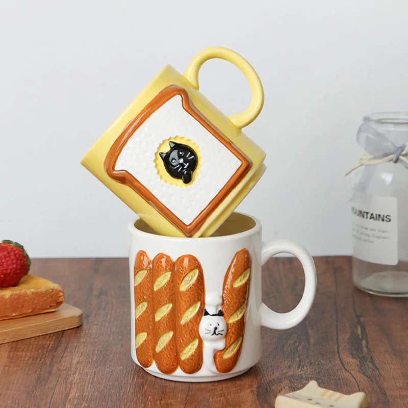 Taza de cerámica japonesa con relieve 3D de gato, Baguette y tostada, bonito dibujo animado, taza de café con leche para desayuno, regalo para beber