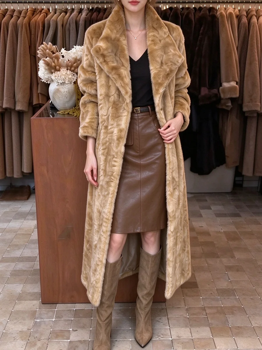 Women Long Faux Fur Coat Lapel Collar With Belt Elegant Beige Plush Winter Overcoat Slim Luxury Warm Outerwear