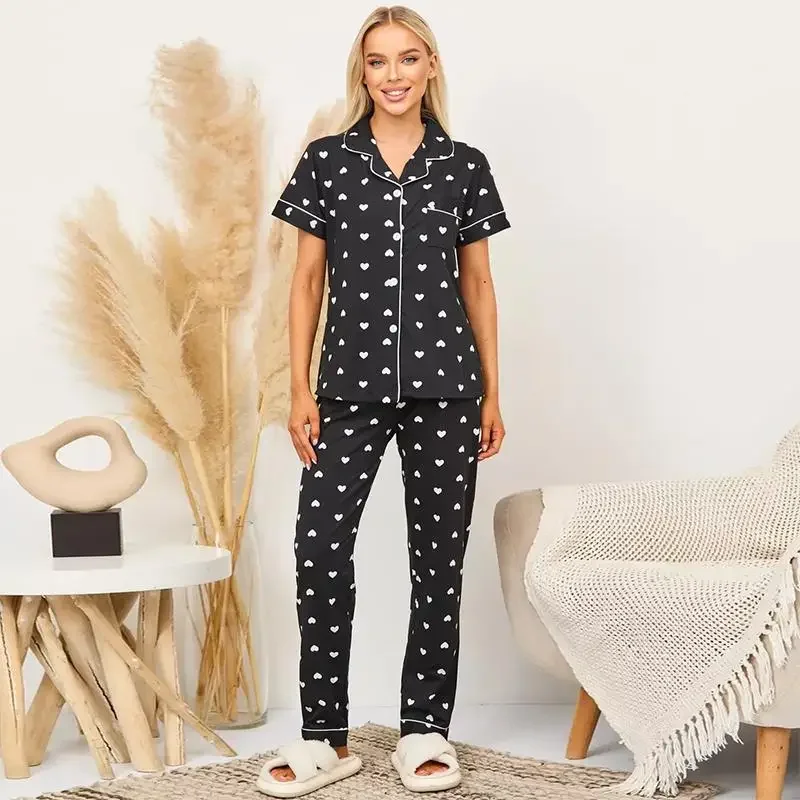 

Spring Summer Heart Printed Women Pajamas Set Short Sleeve Button Tops & Full-Length Pants 2 Pieces Set Sleepwear Black Homewear