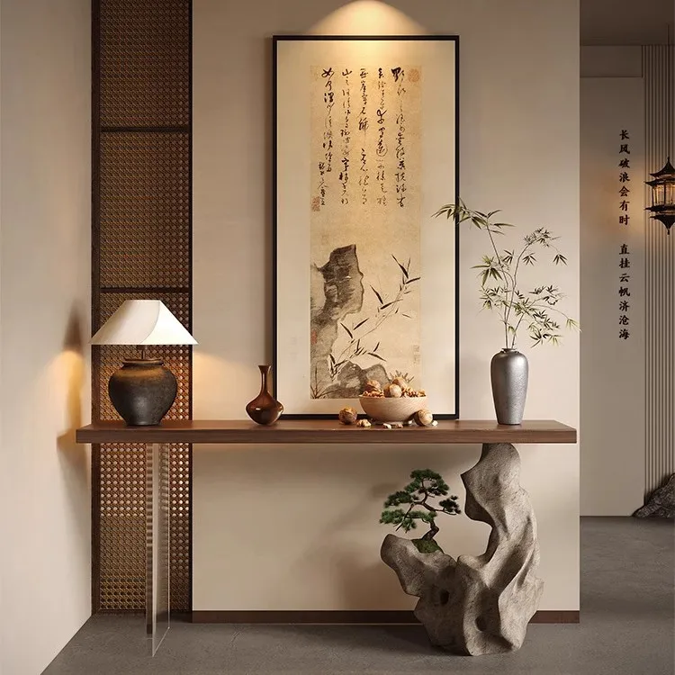Wabi Sandy Wind Solid Wood Entrance Table Household Modern Simple Entrance Entrance Taichung Ancient Style Simulation Stone Ba