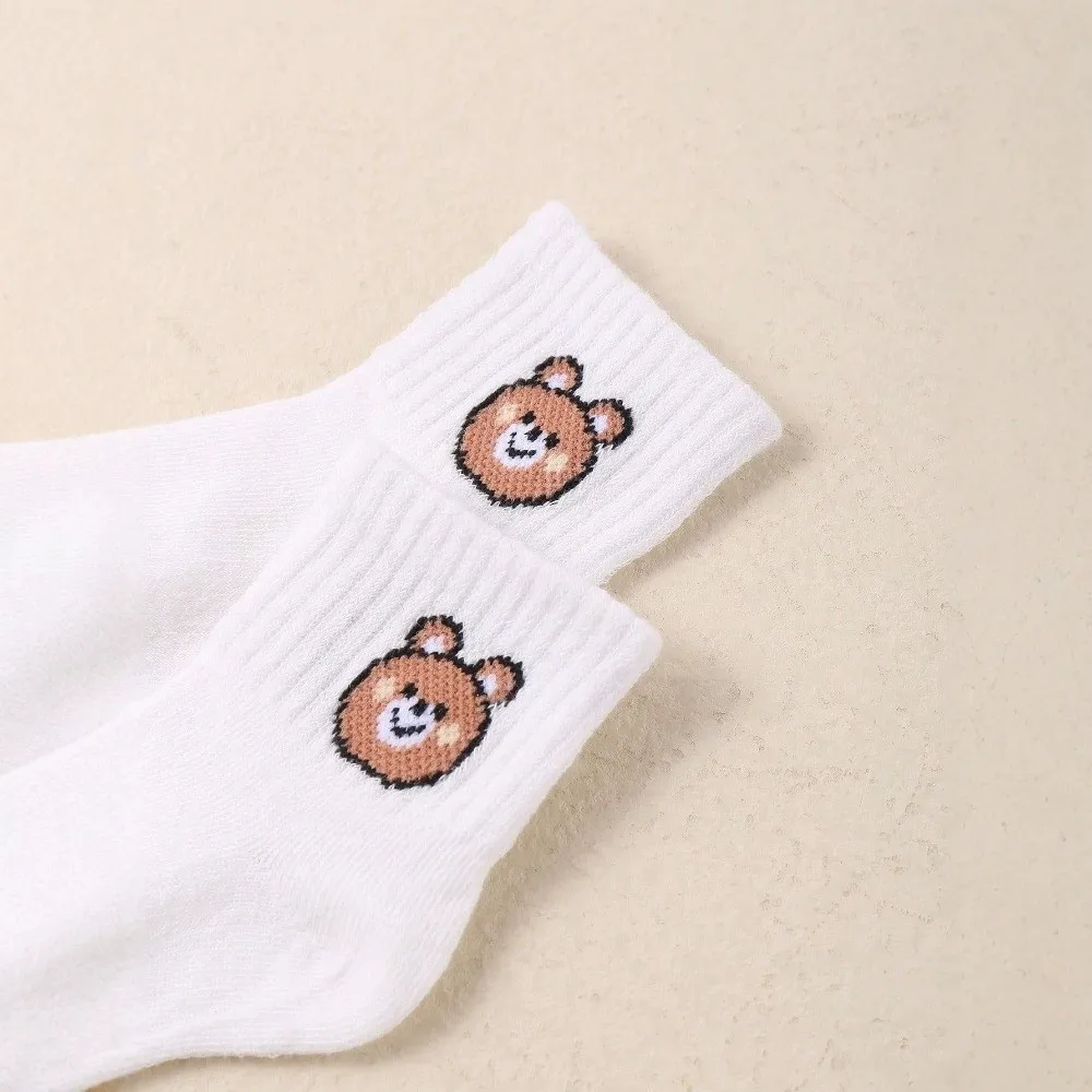 10 Pairs Cartoon Bears Mid-Calf Socks Elastic Band Soft Cotton Children Socks Breathable Solid Color Boys Girls Socks Daily Use