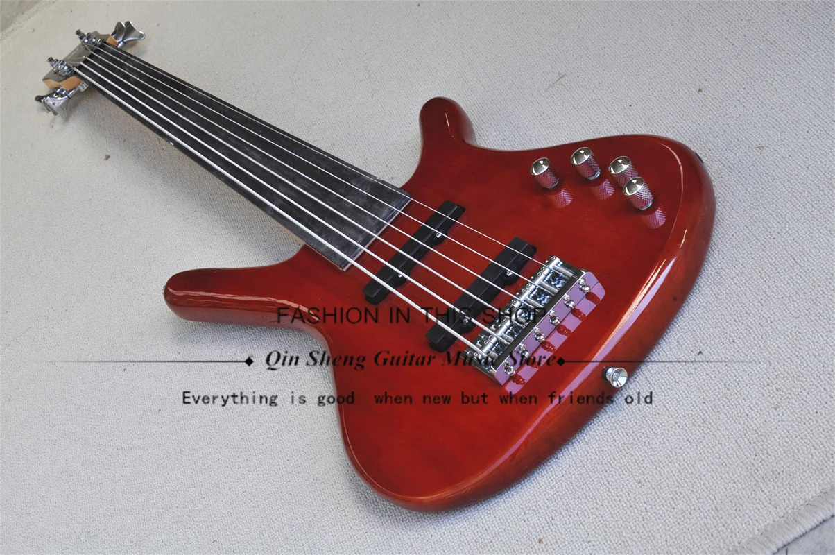 6 String Electric Guitar Bass, Red Brown Body,Fretless Rosewood fingerboard ,active battery case