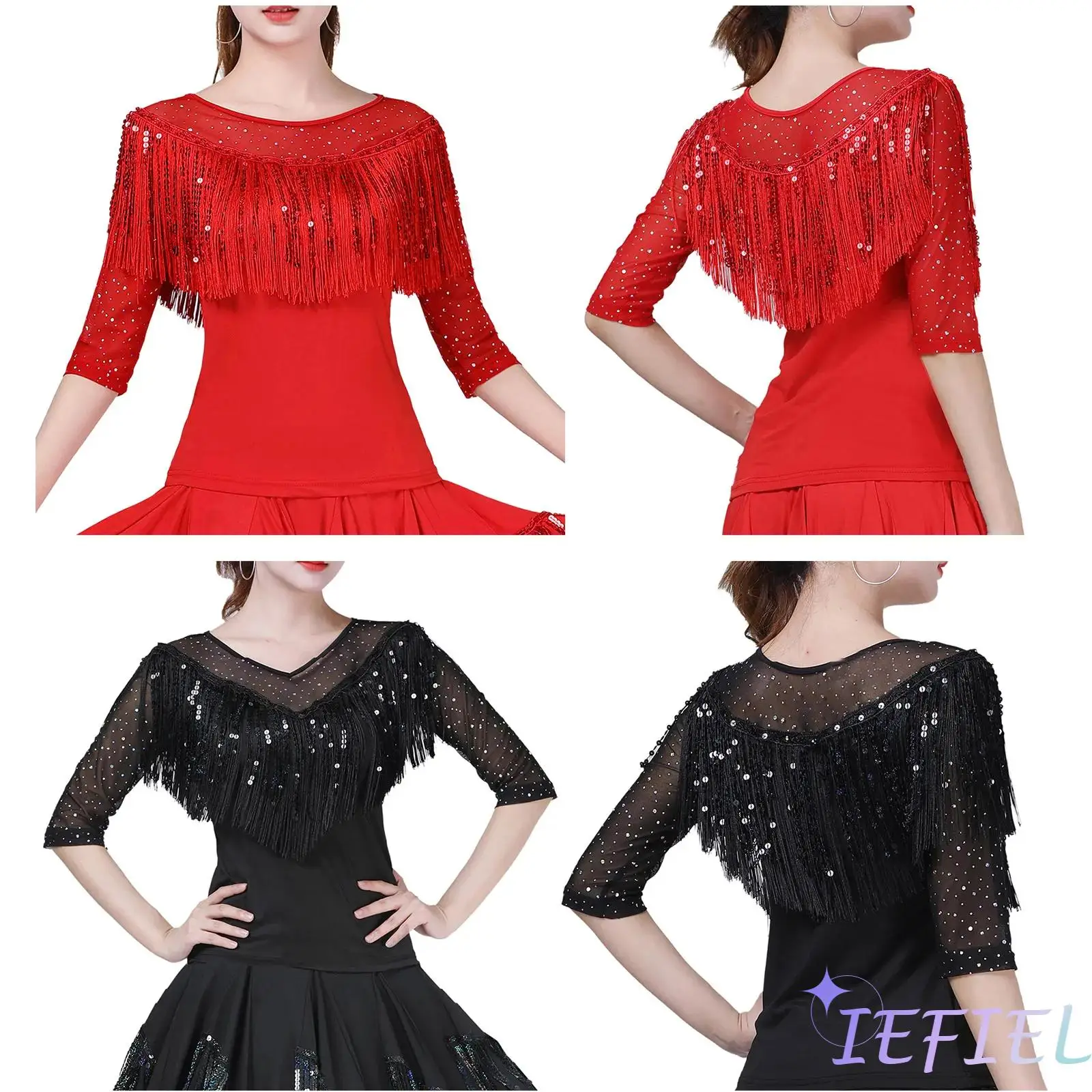 

Womens Jazz Performance Dress Half Sleeve Dual Layer Tassels Blouses Pullover Shirt Tops for Latin Tango Modern Dance Competiton