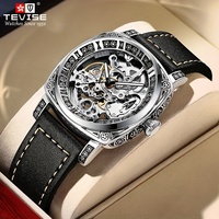 TEVISE Automatic Mechanical Watch Skeleton Hollowed Wristwatch for Men Leather Strap Watch Fashion Casual Watch