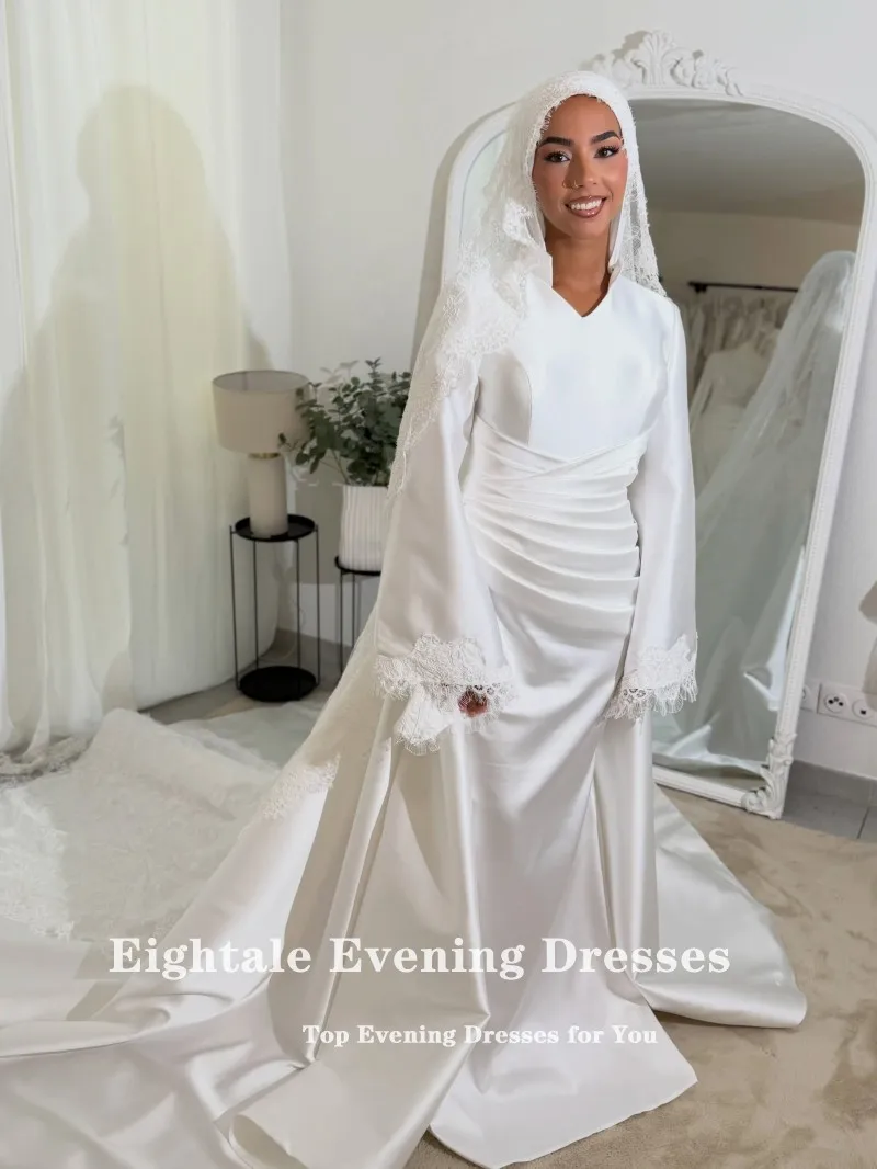 Eightale Arabic Wedding Dress Customized Bridal Gown V-Neck Long Sleeves Appliques Bride Party Dress  Vestido De Novia
