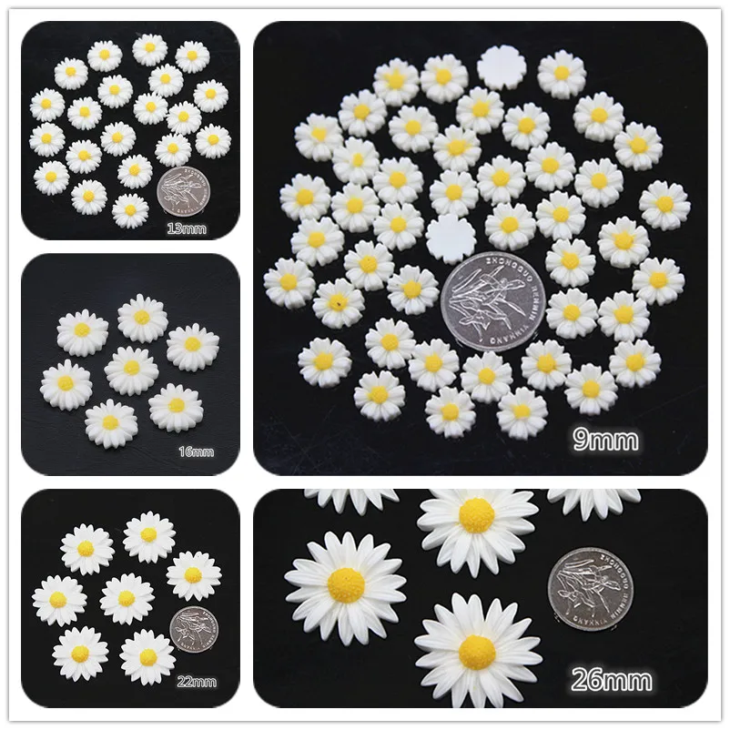 9mm/13mm/16mm/22mm/26mm White Daisy Resin Flower Flatback Cabochon DIY Jewelry Phone Decoration