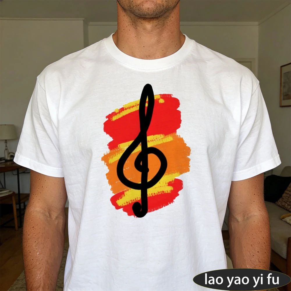 Treble Clef Red Orange Brush Stroke Background Men Summer Cotton TShirt Retro Music Symbol Graphic Casual Daily Holiday Wear Top
