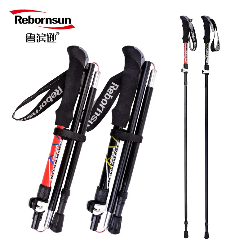 Trekking Pole Foldable Adjustable Aluminum Alloy 5-sections Ultra-Light Folding Hiking Pole Walking Sticks Camping Cane