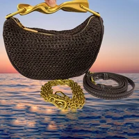 Bolsos de paja con mango de Metal para mujer, bolso de hombro con cadena tejida de ratán de media luna, bolso de playa de viaje bohemio, bolso cruzado de diseñador