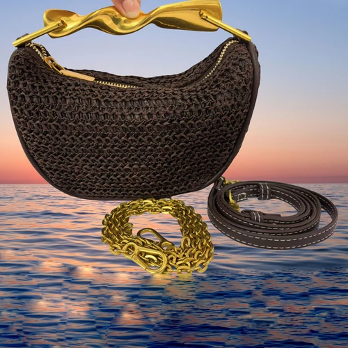 Bolsos de paja con mango de Metal para mujer, bolso de hombro con cadena tejida de ratán de media luna, bolso de playa de viaje bohemio, bolso cruzado de diseñador