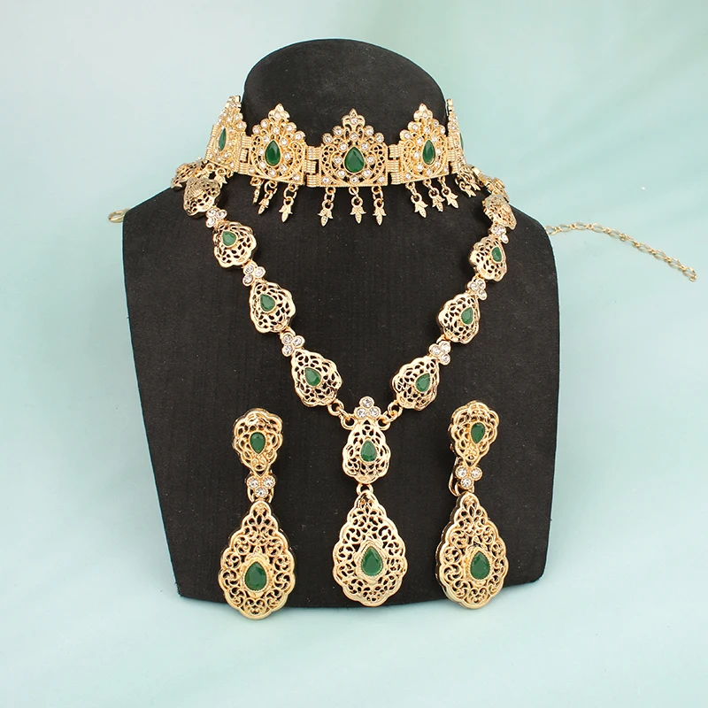 

New Elegant Women's Jewelry Set Algerian Wedding Jewelry Women's Tiara Head Chain Pendant Necklace Earrings Accessories Fashion