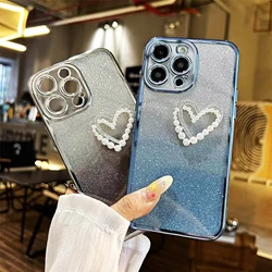 3D Pearl Love Heart Glitter Phone Case For iPhone 16 15 14 13 12 11 Pro Max X XS Max XR 7 8 Plus SE 2020 Soft Silicon Back Cover