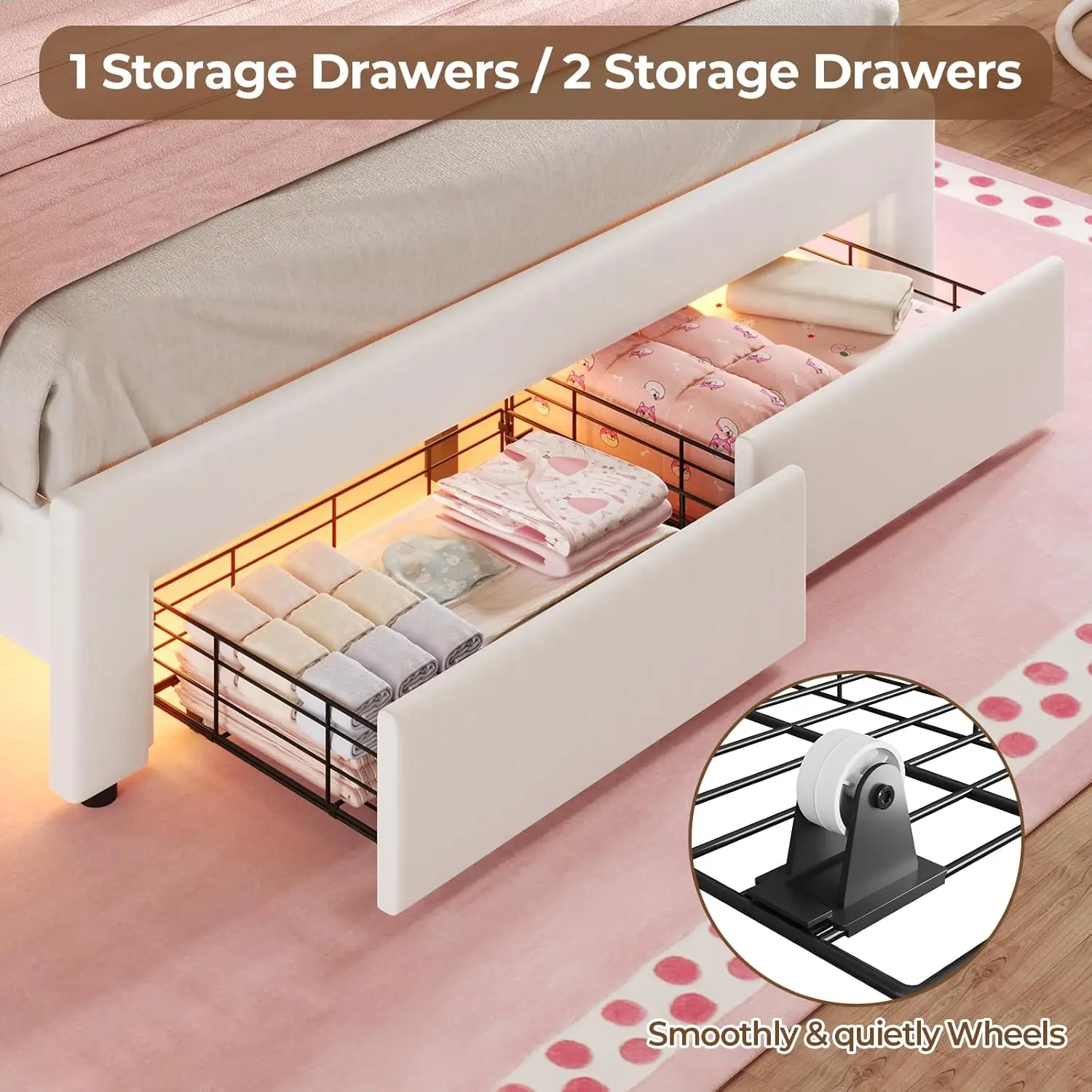 LED 조명이 있는 풀 사이즈 벨벳 침대, 서랍 2개, 조절 가능한 헤드보드, 목재 칸막이, 베이지