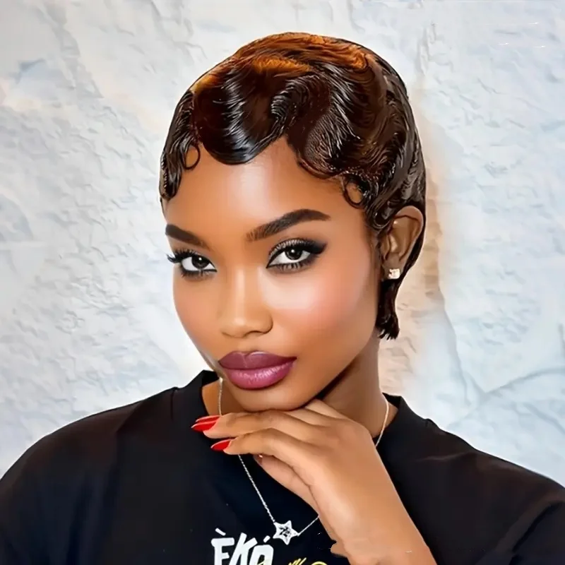 شعر مستعار مموج عميق على شكل إصبع، مصنوع آليًا بالكامل، شعر بشري قصير بقص عابث للنساء