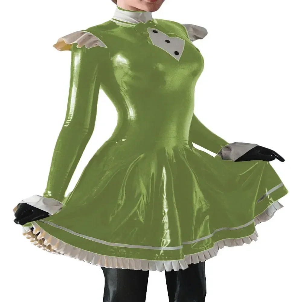 Plus Size French Lolita Dress, Long Sleeve, High Neck Pleated Mini Vestido, Vinyl PVC Leather Ruched, Fantasia Carnival Costumes