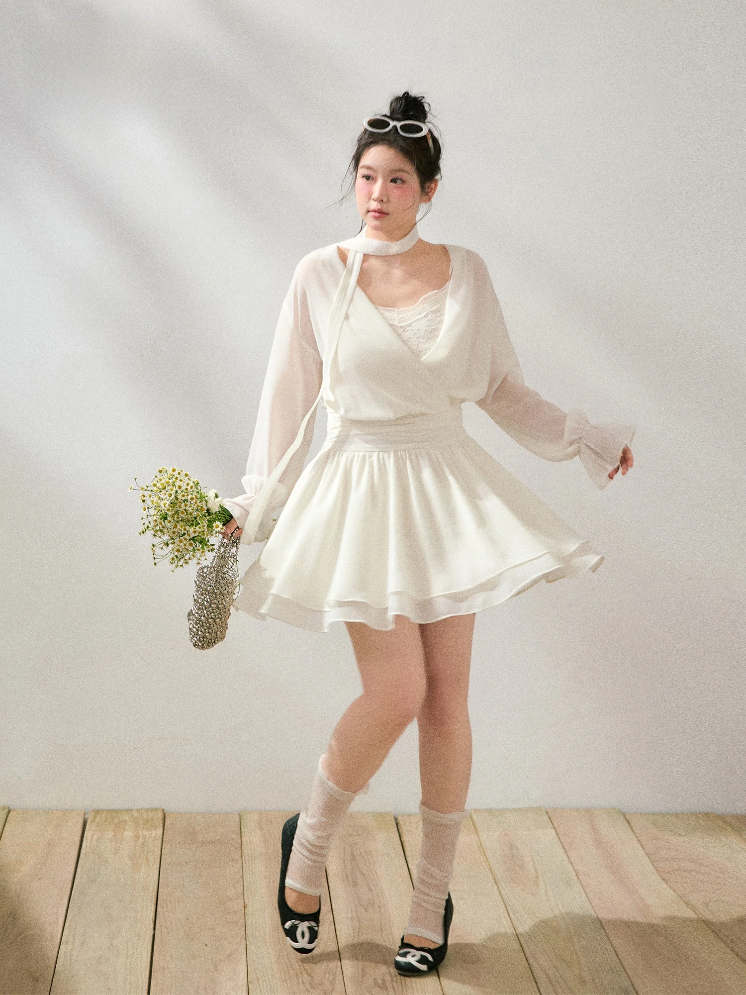 

plus Size Women's Pure White V-Neck Chiffon Dress Set Slimming A-Line Skirt French Style High Waist Long Sleeve Spring Casual