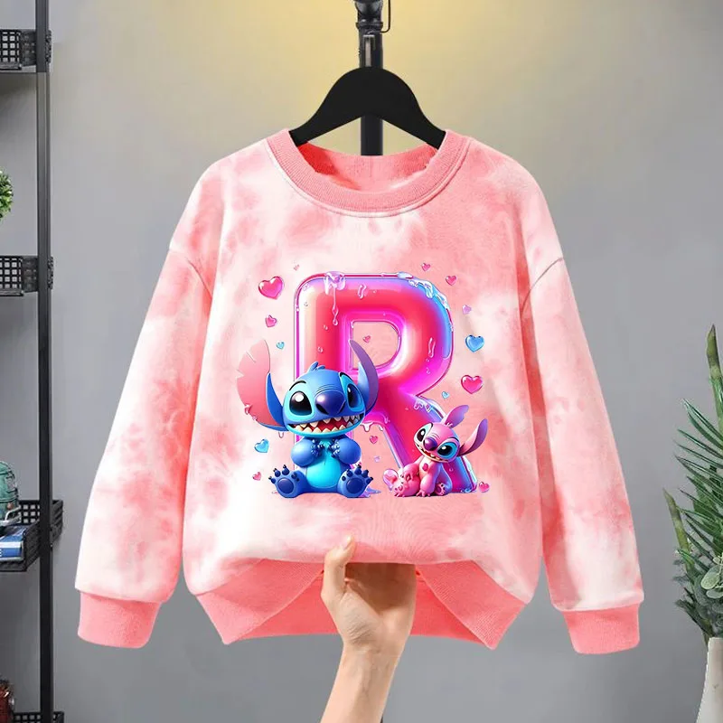 

Толстовка с 3D буквенным принтом Disney Stitch для детей, толстовка с капюшоном Tie Dye для девочек, эстетический пуловер с именем A-Z, розовый топ в стиле Харадзюку