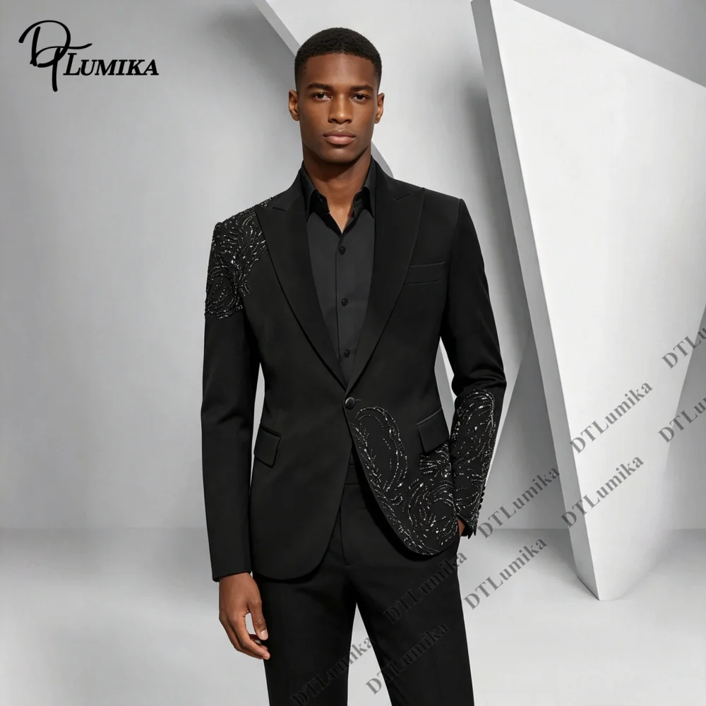 Hand Beaded Formal Tuxedo 2 Piece Men Suit Peak Lapel Embellished Shoulder Cuff Jacket Pants Wedding Groom Suit Prom Stage Show