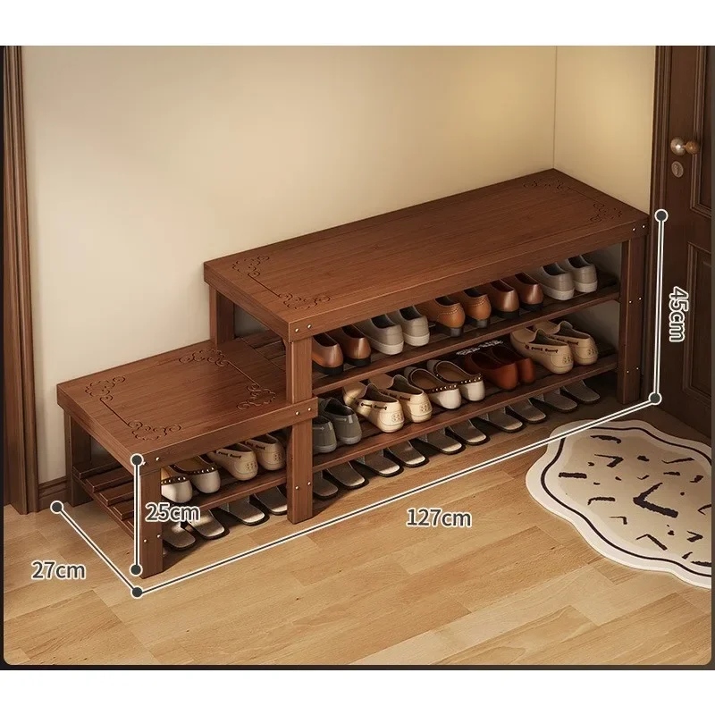 Factory Direct Compatible WithCarved Bamboo Shoe Changing Stool, Multi-layer Retro Shoe Cabinet, Long Wooden Shoe Cabinet, Home