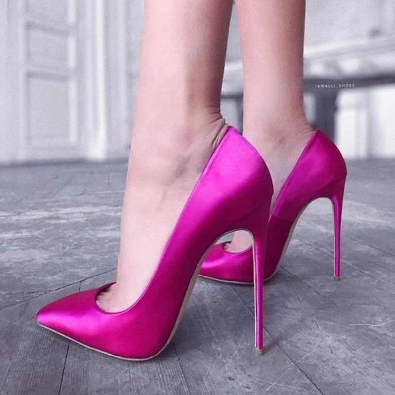 

Bright Green Orange Red 12/10/8cm Silk Pumps Stiletto Heels Pointed Toe Woman Sexy Low-cut slip on Satin Banquet Shoes