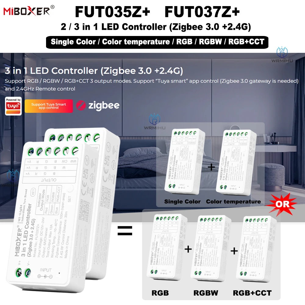 

Miboxer DC12-24V LED Controller Zigbee 3.0 +2.4G FUT035Z+ 2 In 1 Dual White Single Color FUT037Z+ 3 In 1 RGB RGBW RGB+CCT