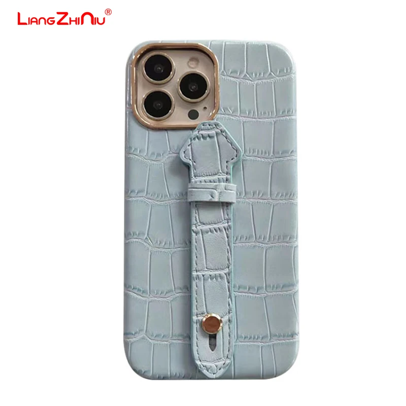 

Premium Leather For Iphone16promax Phone Case For Apple 15 14 13 12 Shockproof Wristband Stand Business Solid Leather Phone Case