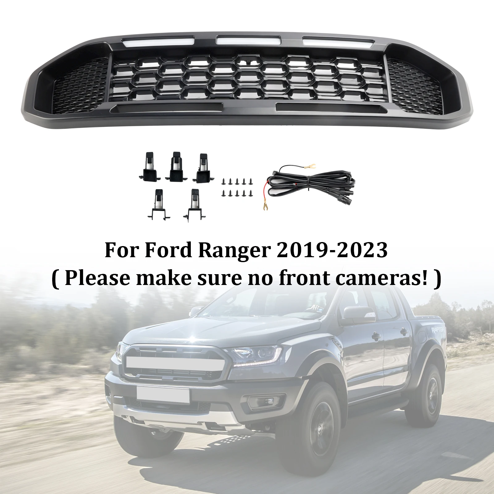 Artudatech Black Front Bumper Grill Grille Fit for Ford Ranger T8 2019-2023 W/LED Light