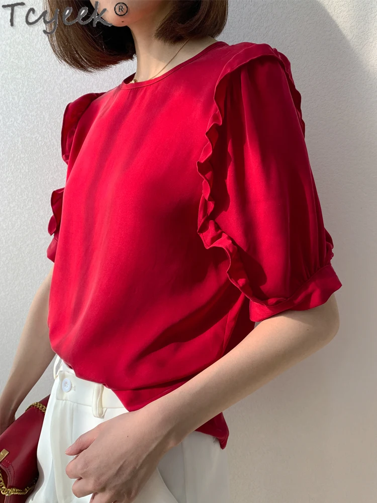 Tcyeek 93% Mulberry Silk Womens Tops T-shirts for Women Elegant T-shirt 2024 20MM Real Silk Blouse Summer Clothes Short Sleeve