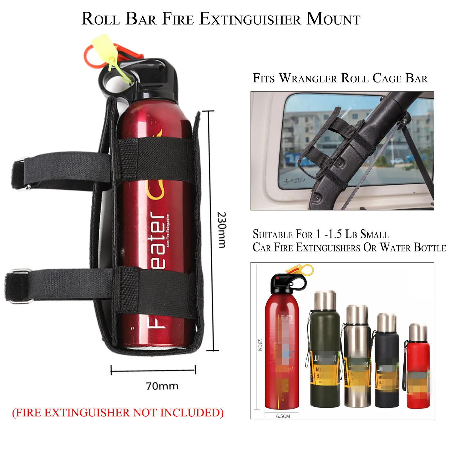 Car Roll Bar Fire Extinguisher Holder Bandage Organizer Belt Mount Strap for Jeep Wrangler TJ JK JL JT 4XE 1997-2024 Accessories