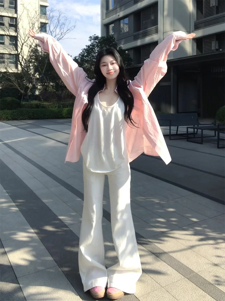 

Американские джинсы-колокольчики с низкой талией для девочек, женские весенние 2021, свободные утягивающие прямые широкие брюки