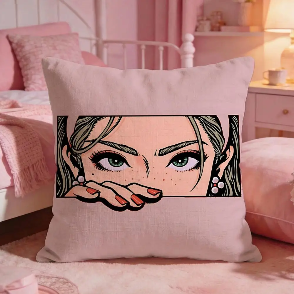 Pop Art Girl Eyes Cushion Cover Premium Comfort Reversible Pillow Cove -Two in One Design for Any Room & Car Interior
