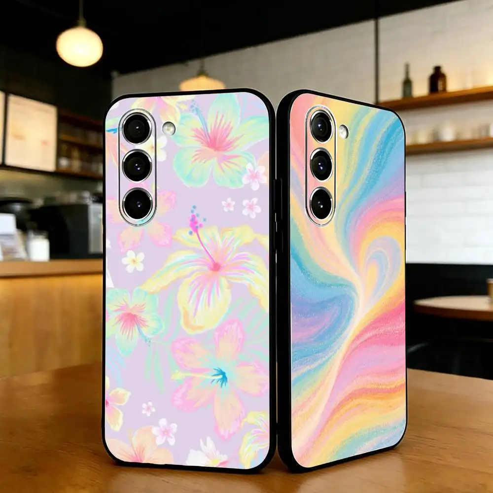 Flower Pattern Phone Case For Samsung S25,24,23,22,30,21,Ultra,Plus,Lite,FE,Black Soft Case