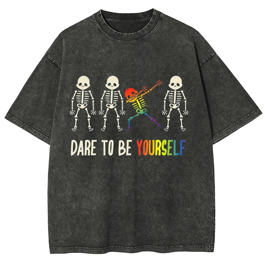

Men's Four-Skull Print T-Shirts, Large Loose Clothing Short Sleeve with Washed Jeans Base