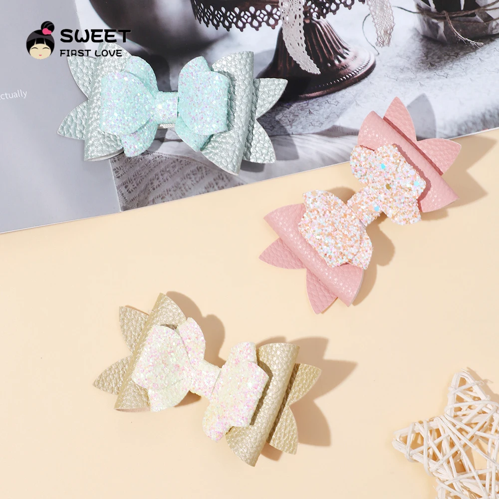 3Pcs/Set Cute Bow Hair Pin Leather Glitter Hair Clips for Kids Barette Hair Girl Baby Kids\' wear Hair Accessories for Children