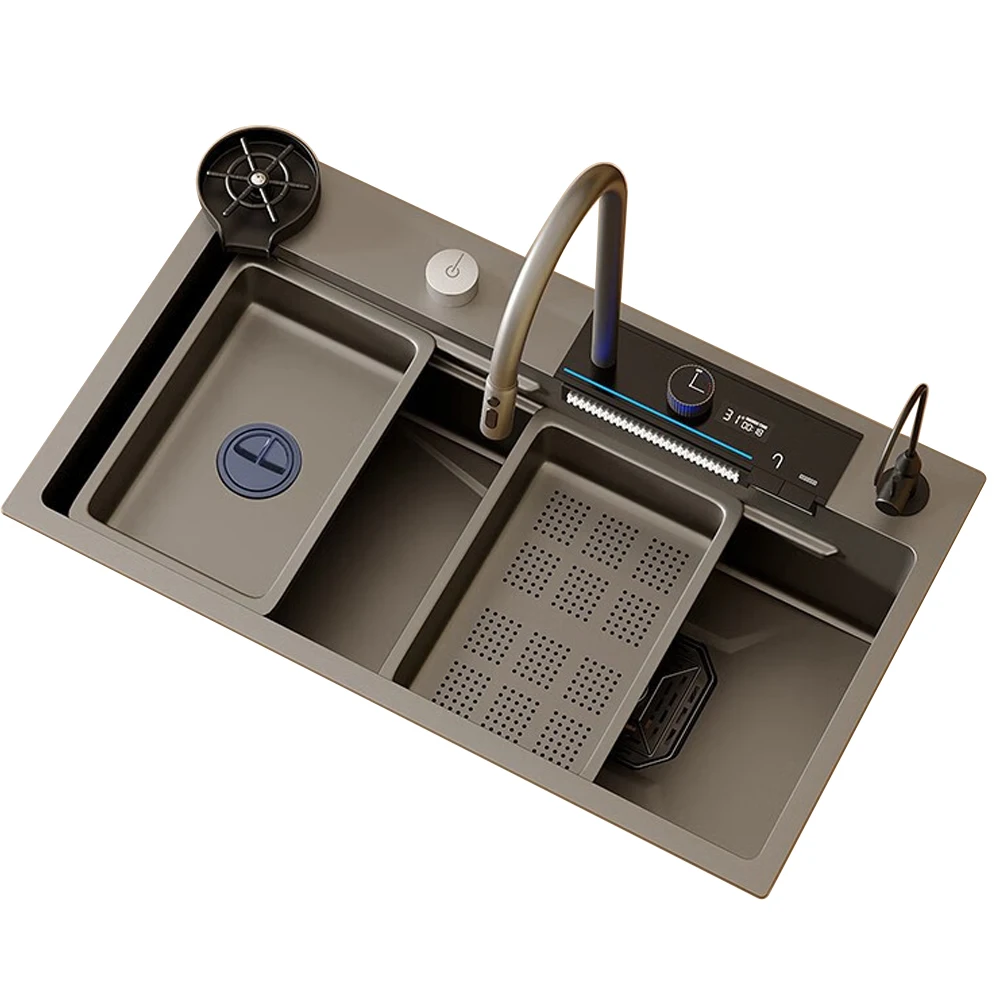 

Single Slot Multifunction Sink Anti-scratch Led Digital Display Waterfall Kitchen Sink With Cup Washer
