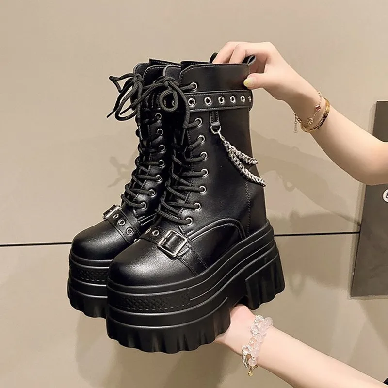 New AutumnThick Heel Ankle Boots Women Chunky Sneakers 14CM High Heels Winter Platform Leather Shoes Woman Metal Chain Punk Boot